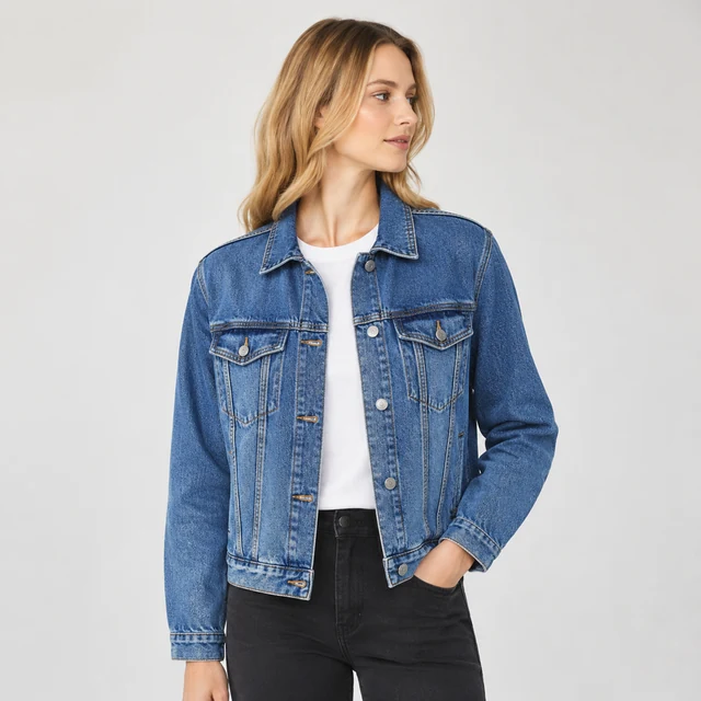 Model wearing a denim jacket in a plain studio, full upper body.