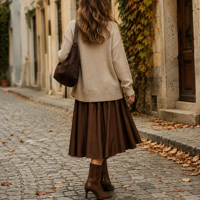Editorial lookbook frame of an autumn outfit on a cobblestone street.