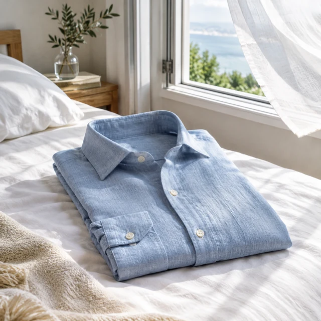 Folded linen shirt on a bed beside an open window with a light breeze.
