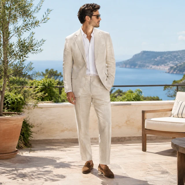 Linen suit shown head to toe on a sunny terrace.