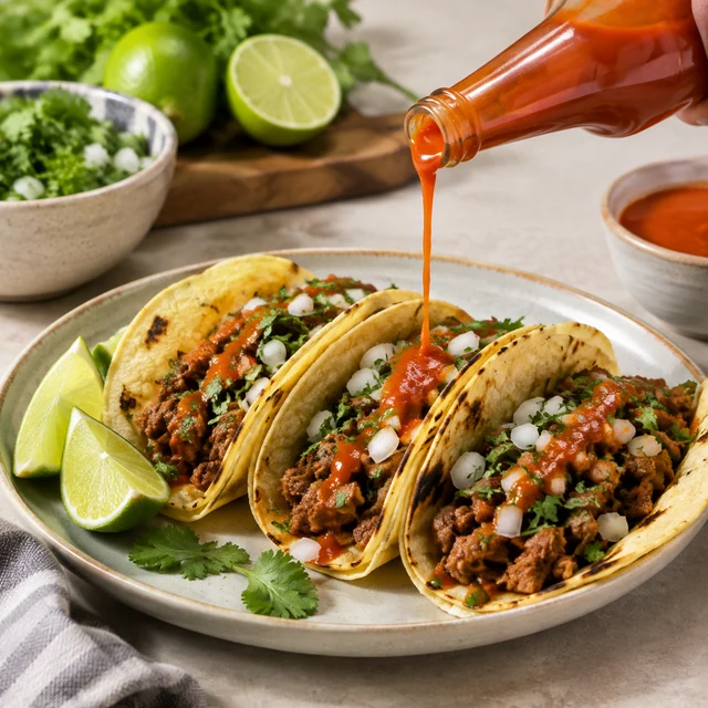 Hot sauce dashed over street tacos