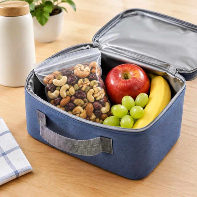 Snack bag packed in a lunch bag with fruit