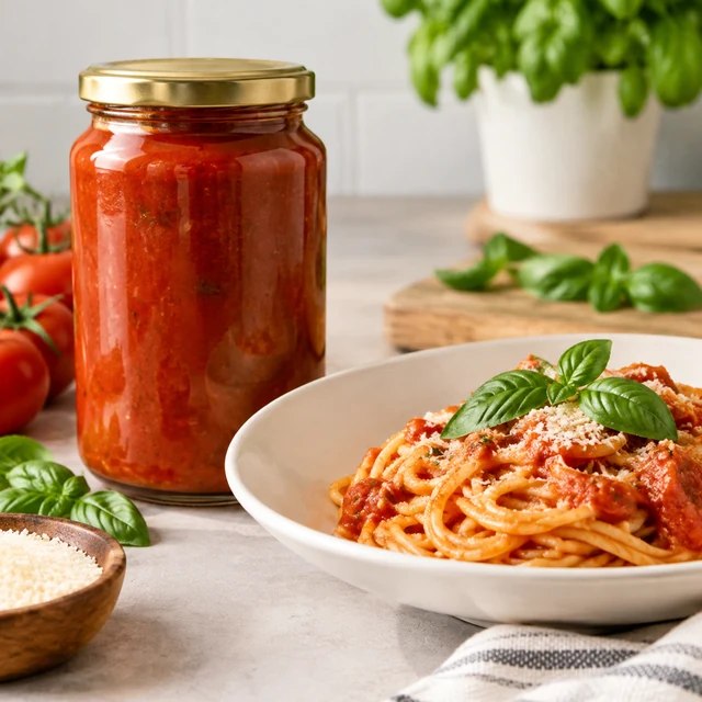 Pasta sauce jar beside a finished plate
