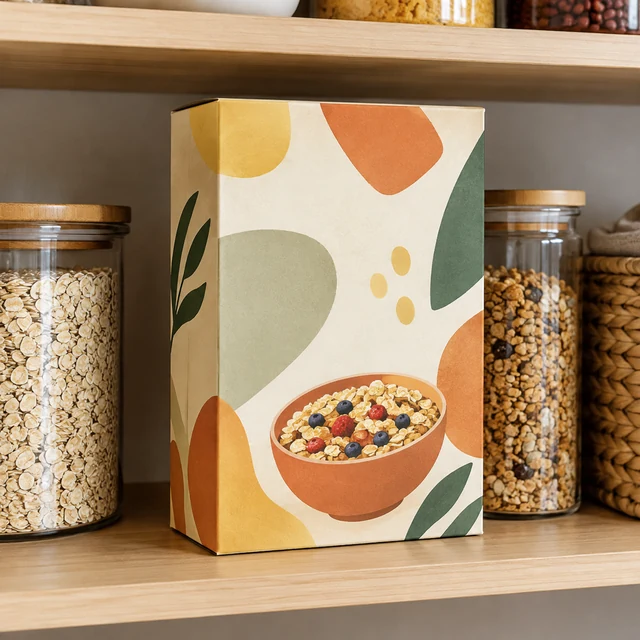 Cereal box with abstract pattern artwork on a pantry shelf.