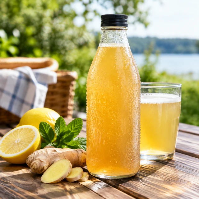 Kombucha bottle sweating on a picnic table.