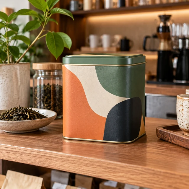 Tea tin with an abstract color-block design on a cafe shelf.