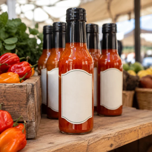 Hot sauce bottle with a blank graphic label on a farmers market shelf.