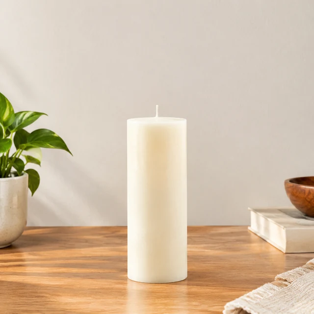 Tall pillar candle with blank wall space above.