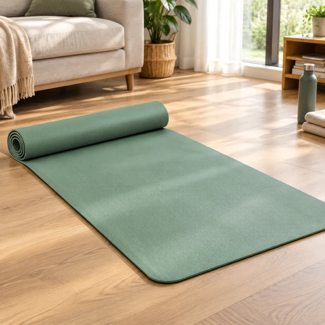 Yoga mat unrolled in a sunny living room