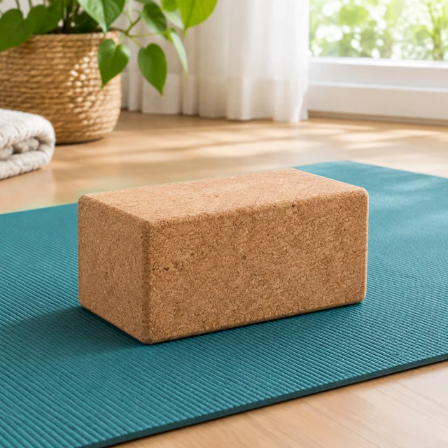 Cork yoga block resting fully in view on a teal yoga mat.