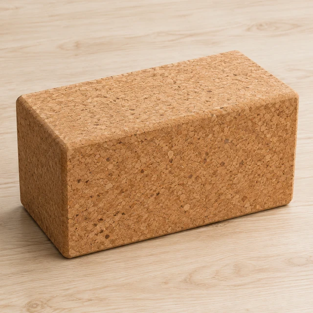 Natural cork yoga block with crisp grain and clean rectangular edges.