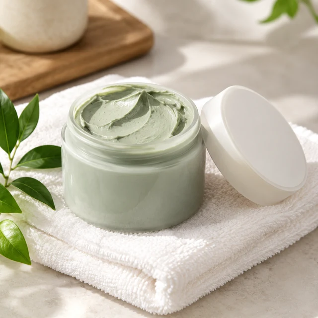 Pale green clay mask sits open on folded white towels with its lid beside the jar.