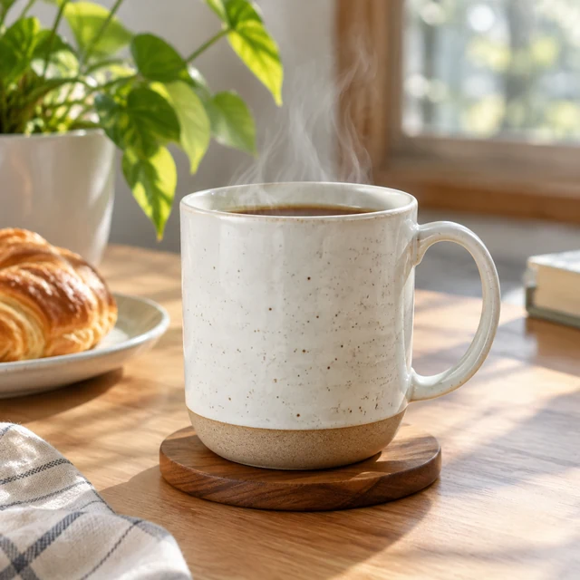 Ceramic mug with gentle steam rising in soft morning light.