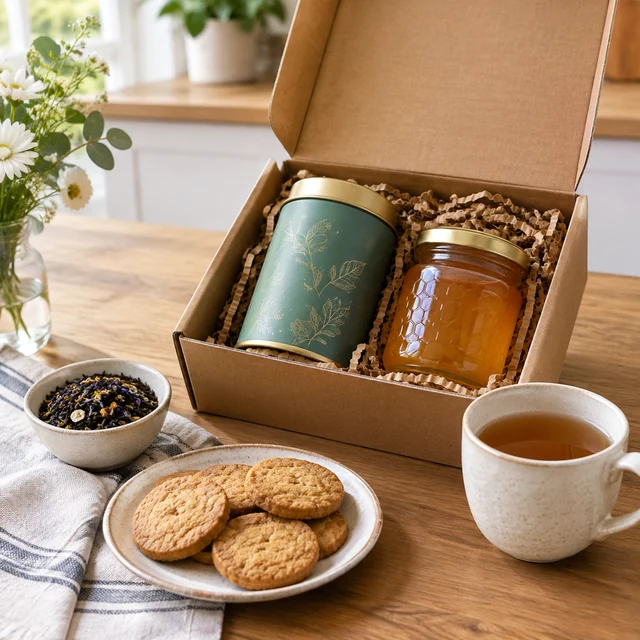 Subscription box open on a kitchen table with a tea tin, a honey jar and biscuits laid out beside it.