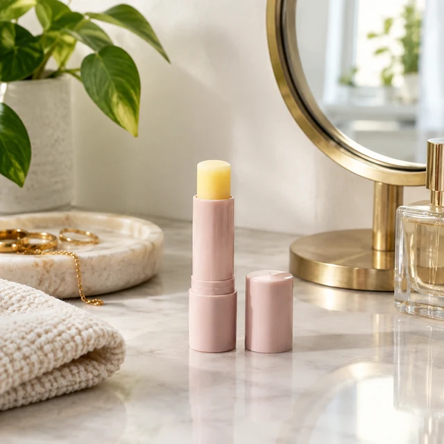 Lip balm tube on a vanity next to a round mirror, morning routine.