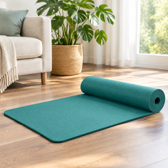 Teal yoga mat partly unrolled on a wooden floor in a bright living room with a large plant