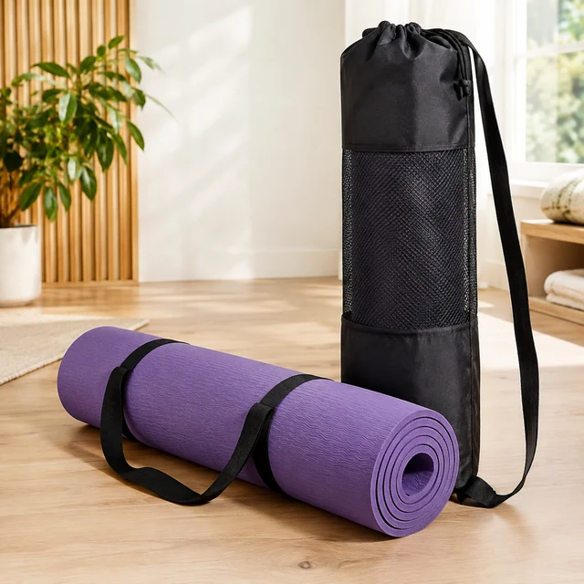 Purple yoga mat rolled beside a black carrying bag.