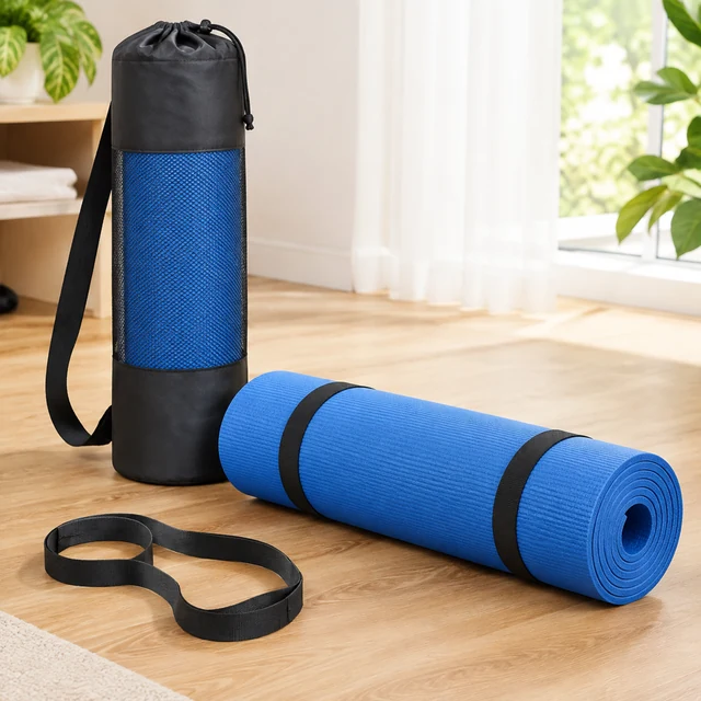 Rolled blue yoga mat and black carrying bag on a wooden floor.