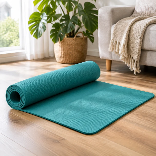 Teal yoga mat partly unrolled on a wooden floor in a bright living room with a large plant