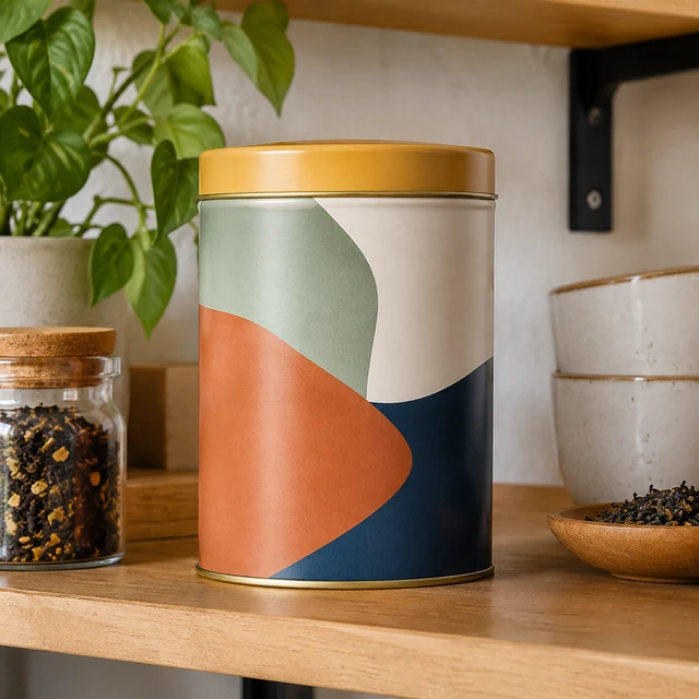 Tea tin with an abstract color-block design on a cafe shelf.