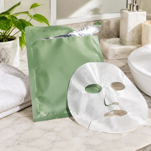 Sheet mask pouch with opened on a bathroom counter.