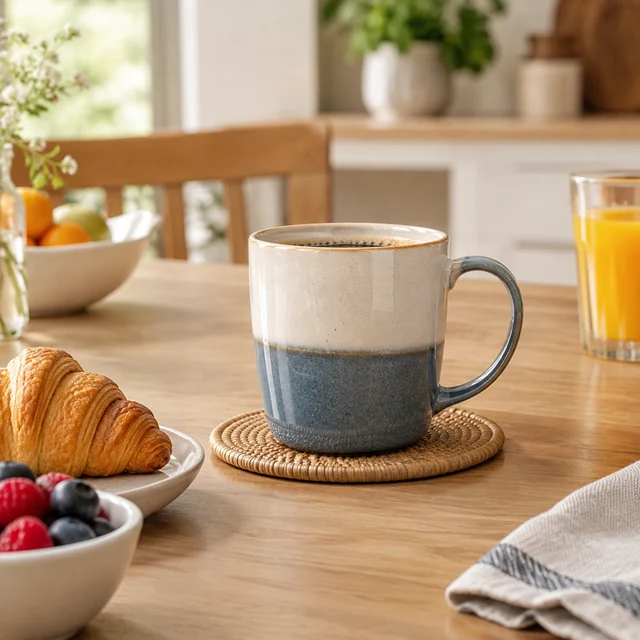 Ceramic mug at breakfast, shot from across the table.