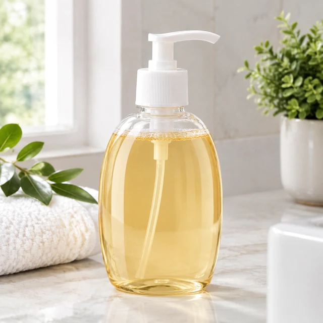 Clear hand soap dispenser on a bathroom vanity.