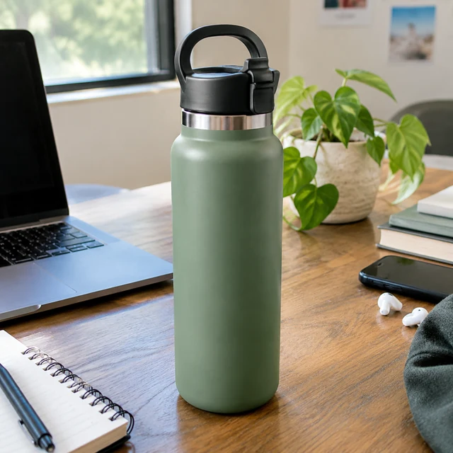 Reusable water bottle snapped on a cluttered work desk, phone-camera look.