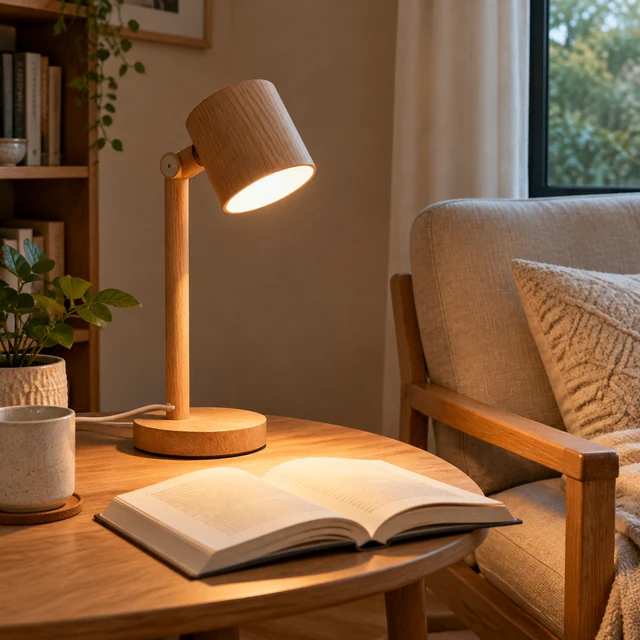 Oak table lamp glowing beside an open book in a reading nook.