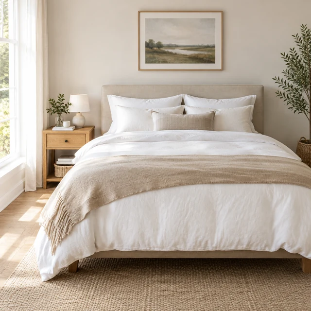 Neatly made bed with soft linen and a folded oatmeal throw.