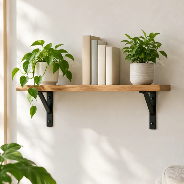 Floating oak shelf with books and a small plant on a pale wall.