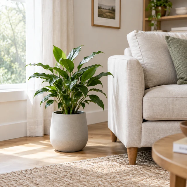 Ceramic planter beside a pale linen sofa.