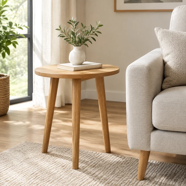 Round wood side table beside an armchair.