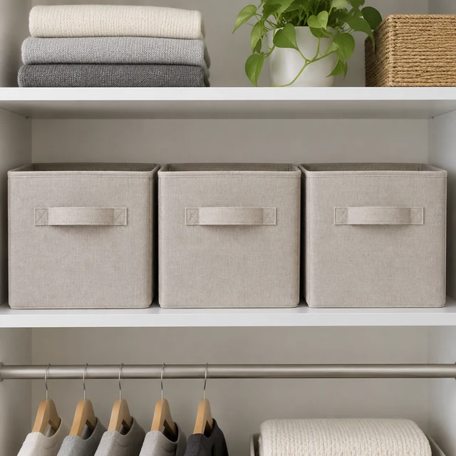 Fabric storage boxes arranged on a tidy shelf.