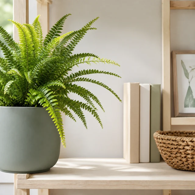Fern and ceramic planter cropped by the left edge of the frame.