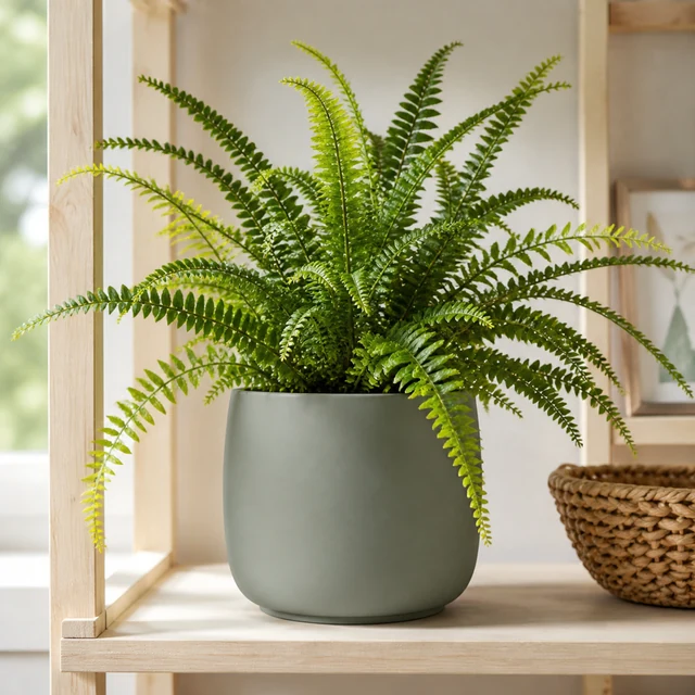 Ceramic planter with a fern on a styled shelf.