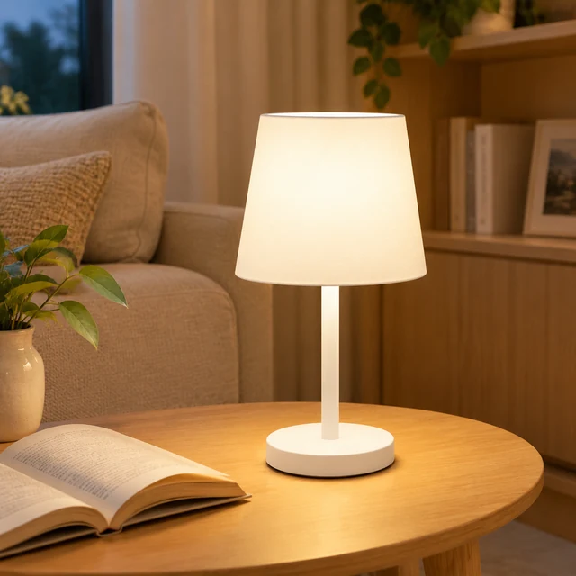 White table lamp on a warm wooden side table beside an open book.
