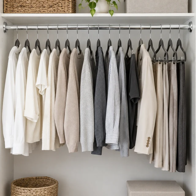 Closet rail with neutral garments on matching hangers after tidying.