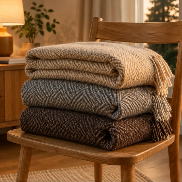Folded neutral blankets stacked neatly on an oak bench.