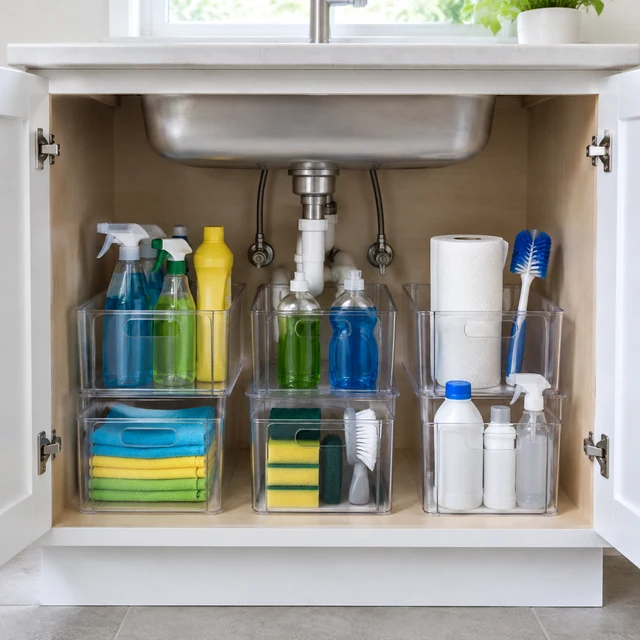 Clear storage bins arranged beneath a kitchen sink.