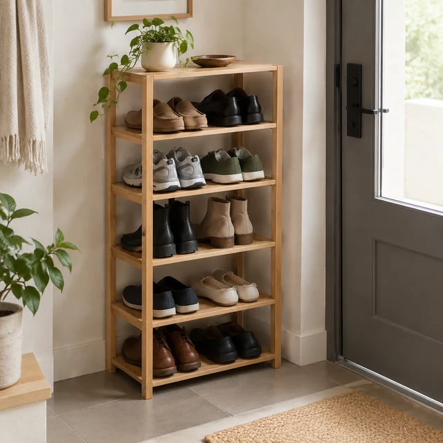 Slim wooden shoe rack neatly filled in a small entryway.