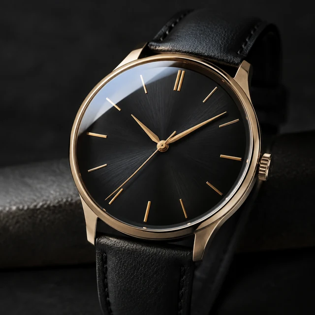Close-up of a wristwatch dial with a narrow highlight across the glass on a dark background.