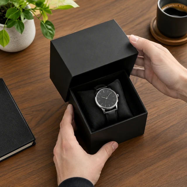 Hands opening a matte black watch box on a walnut desk.