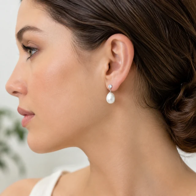 Pearl earrings on a model shown in profile.