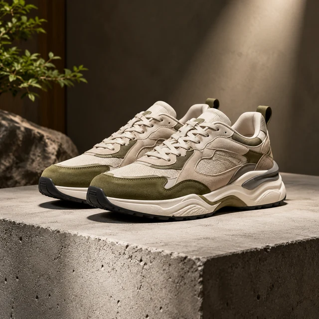 One pair of limited-run sneakers on a concrete plinth under a spotlight.