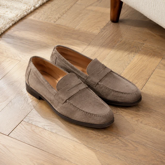 Suede loafers on a herringbone floor
