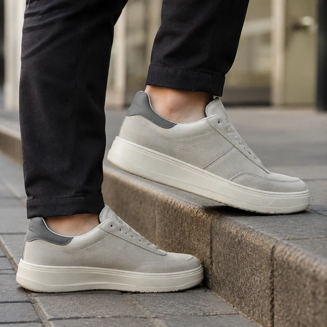 Shoes stepping up onto a city curb