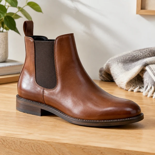 Brown leather Chelsea boot close-up