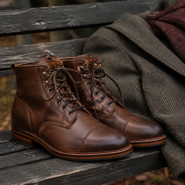 Brown boots laced on a bench beside a coat.