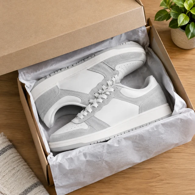 Shoebox lid lifted to show a new pair of sneakers wrapped in tissue paper.